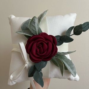 NWOT Burgundy Rosette Ring Bearer Pillow with Sage Greenery